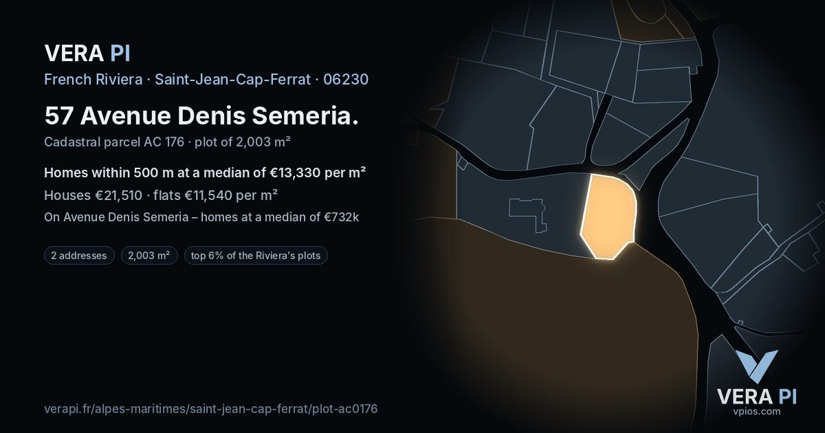 57 Avenue Denis Semeria, Saint-Jean-Cap-Ferrat at night – the plot lit, the parcels around coloured by the prices near them