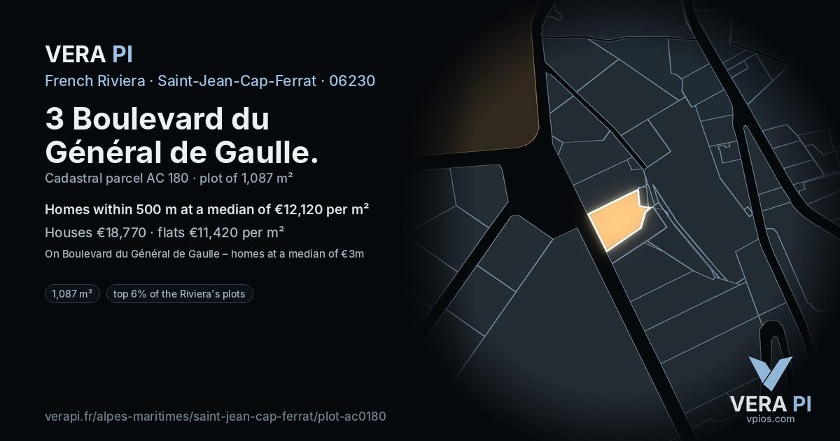3 Boulevard du Général de Gaulle, Saint-Jean-Cap-Ferrat at night – the plot lit, the parcels around coloured by the prices near them