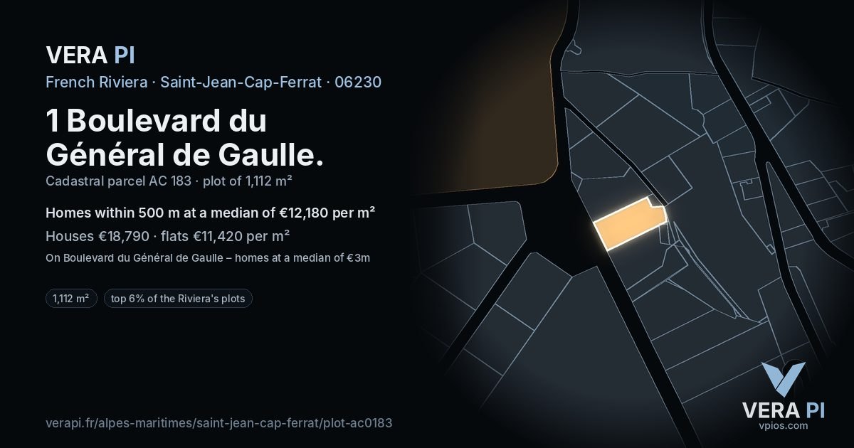 1 Boulevard du Général de Gaulle, Saint-Jean-Cap-Ferrat at night – the plot lit, the parcels around coloured by the prices near them