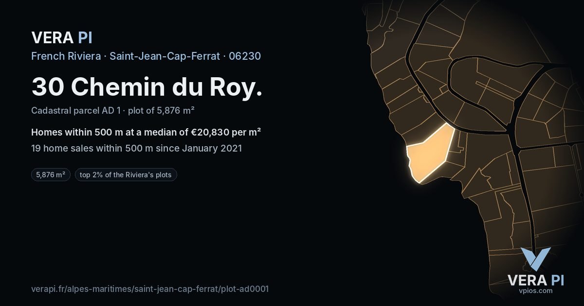 30 Chemin du Roy, Saint-Jean-Cap-Ferrat at night – the plot lit, the parcels around coloured by the prices near them