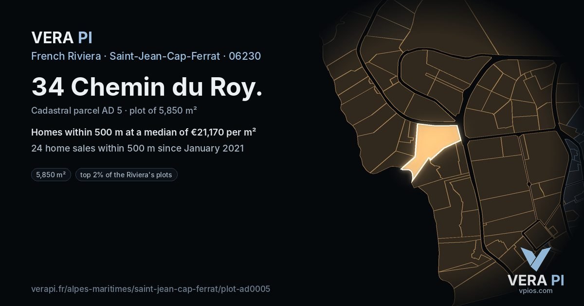 34 Chemin du Roy, Saint-Jean-Cap-Ferrat at night – the plot lit, the parcels around coloured by the prices near them