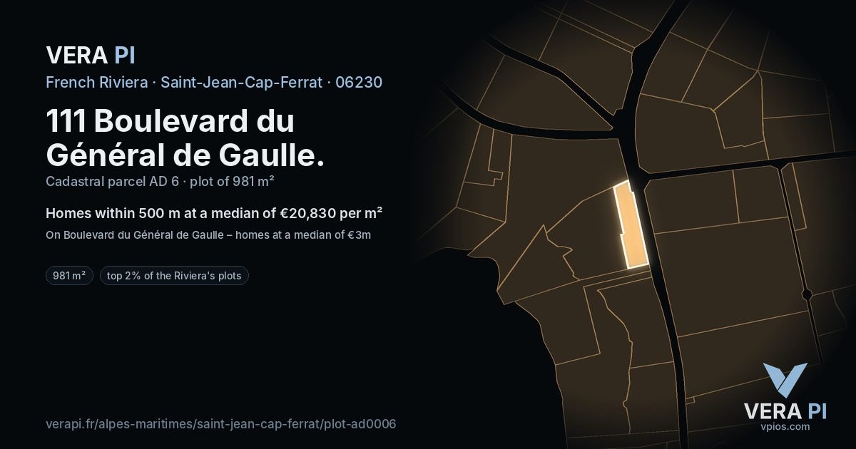 111 Boulevard du Général de Gaulle, Saint-Jean-Cap-Ferrat at night – the plot lit, the parcels around coloured by the prices near them