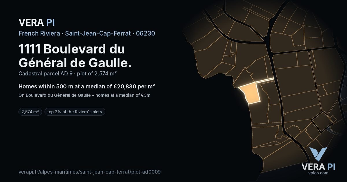 1111 Boulevard du Général de Gaulle, Saint-Jean-Cap-Ferrat at night – the plot lit, the parcels around coloured by the prices near them