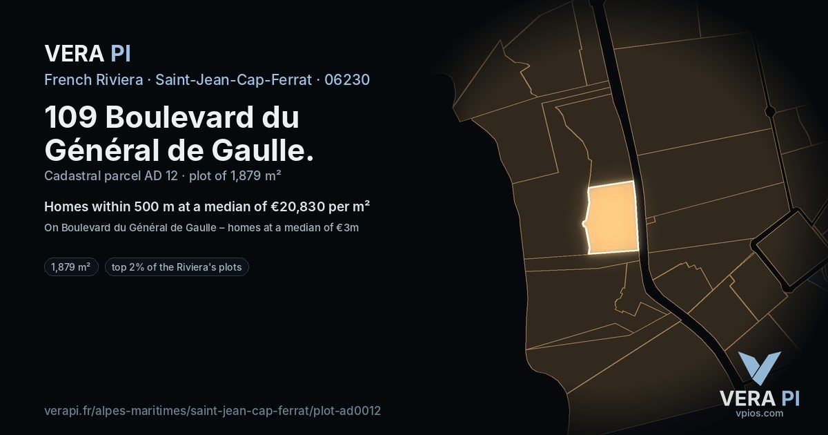 109 Boulevard du Général de Gaulle, Saint-Jean-Cap-Ferrat at night – the plot lit, the parcels around coloured by the prices near them