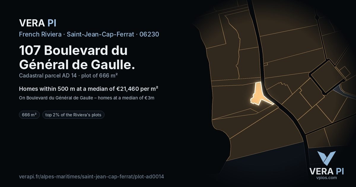 107 Boulevard du Général de Gaulle, Saint-Jean-Cap-Ferrat at night – the plot lit, the parcels around coloured by the prices near them