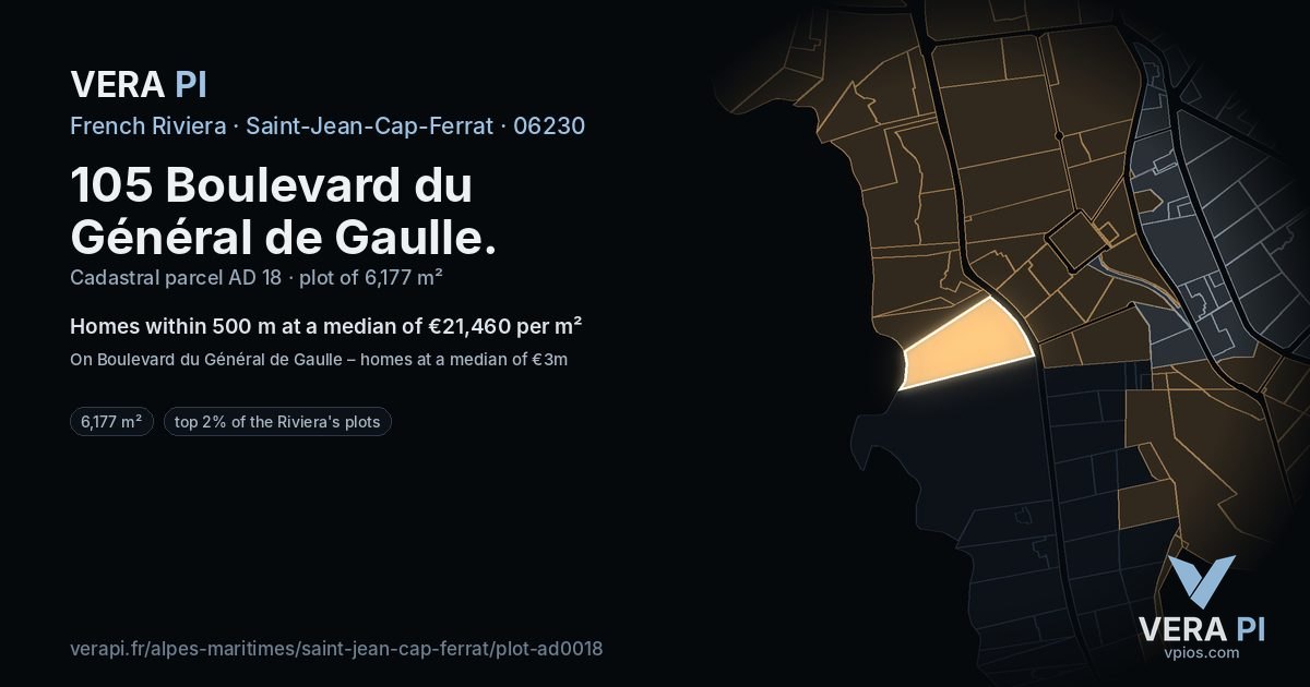 105 Boulevard du Général de Gaulle, Saint-Jean-Cap-Ferrat at night – the plot lit, the parcels around coloured by the prices near them