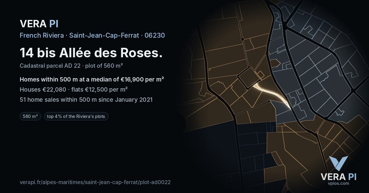 14 bis Allée des Roses, Saint-Jean-Cap-Ferrat at night – the plot lit, the parcels around coloured by the prices near them