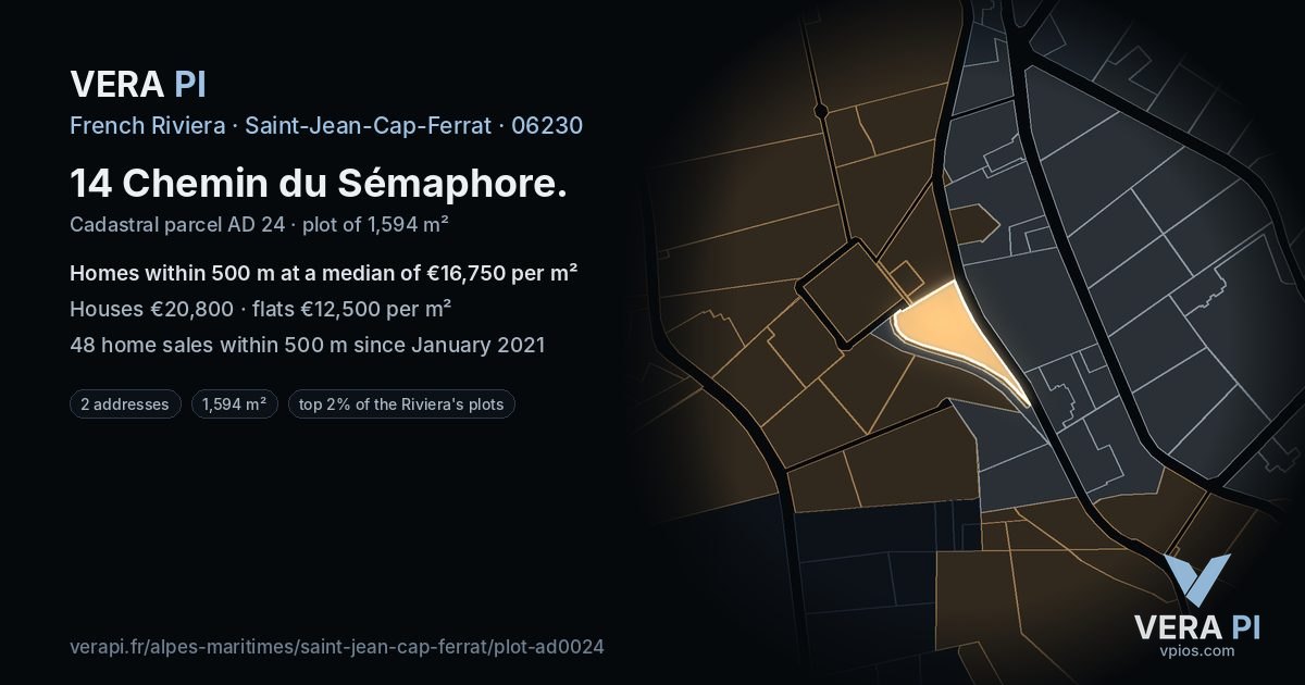 14 Chemin du Sémaphore, Saint-Jean-Cap-Ferrat at night – the plot lit, the parcels around coloured by the prices near them
