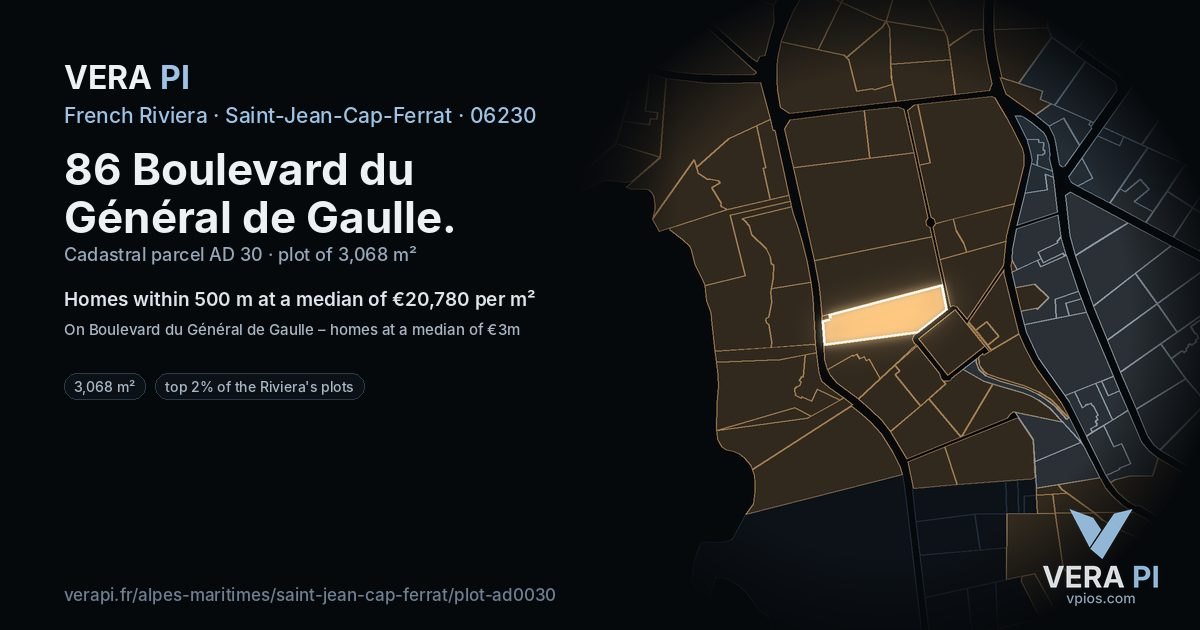86 Boulevard du Général de Gaulle, Saint-Jean-Cap-Ferrat at night – the plot lit, the parcels around coloured by the prices near them