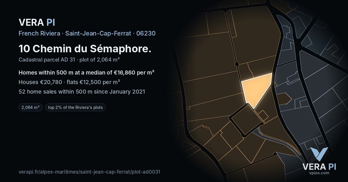 10 Chemin du Sémaphore, Saint-Jean-Cap-Ferrat at night – the plot lit, the parcels around coloured by the prices near them