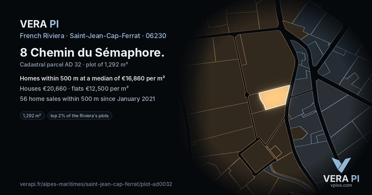 8 Chemin du Sémaphore, Saint-Jean-Cap-Ferrat at night – the plot lit, the parcels around coloured by the prices near them