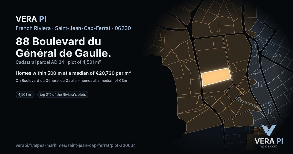88 Boulevard du Général de Gaulle, Saint-Jean-Cap-Ferrat at night – the plot lit, the parcels around coloured by the prices near them