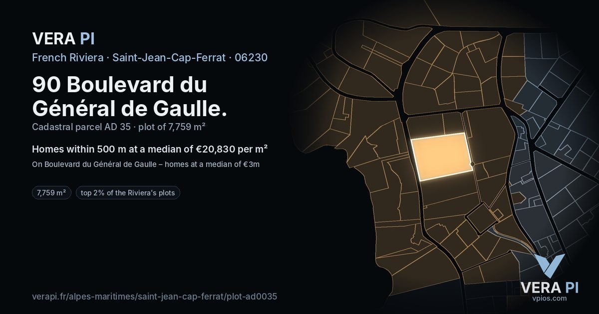 90 Boulevard du Général de Gaulle, Saint-Jean-Cap-Ferrat at night – the plot lit, the parcels around coloured by the prices near them