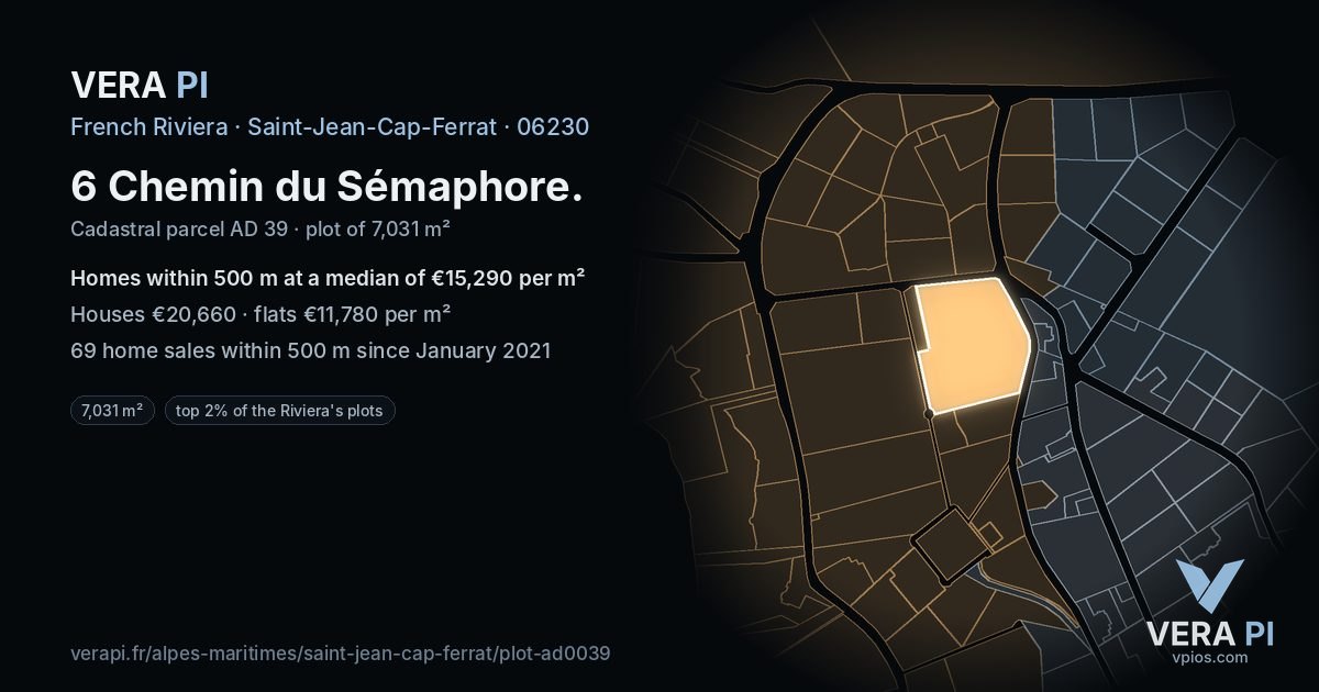 6 Chemin du Sémaphore, Saint-Jean-Cap-Ferrat at night – the plot lit, the parcels around coloured by the prices near them