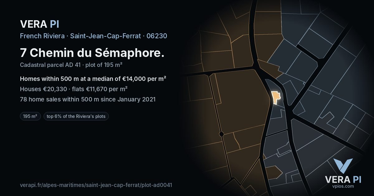 7 Chemin du Sémaphore, Saint-Jean-Cap-Ferrat at night – the plot lit, the parcels around coloured by the prices near them