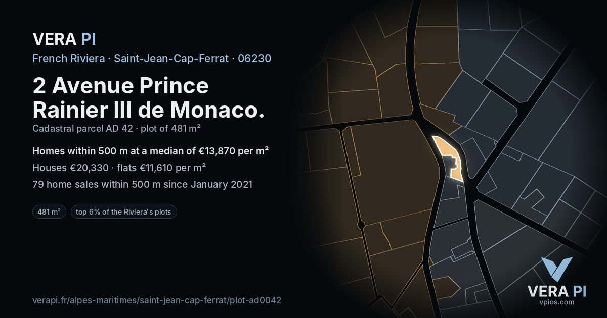 2 Avenue Prince Rainier III de Monaco, Saint-Jean-Cap-Ferrat at night – the plot lit, the parcels around coloured by the prices near them