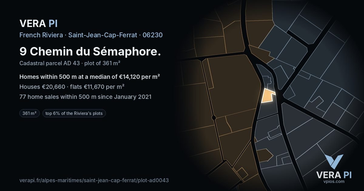 9 Chemin du Sémaphore, Saint-Jean-Cap-Ferrat at night – the plot lit, the parcels around coloured by the prices near them