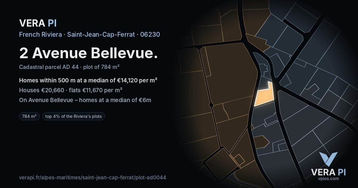 2 Avenue Bellevue, Saint-Jean-Cap-Ferrat at night – the plot lit, the parcels around coloured by the prices near them