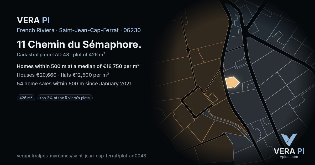 11 Chemin du Sémaphore, Saint-Jean-Cap-Ferrat at night – the plot lit, the parcels around coloured by the prices near them