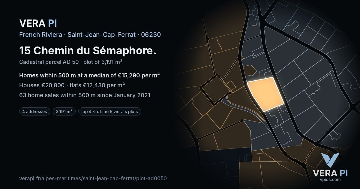 15 Chemin du Sémaphore, Saint-Jean-Cap-Ferrat at night – the plot lit, the parcels around coloured by the prices near them