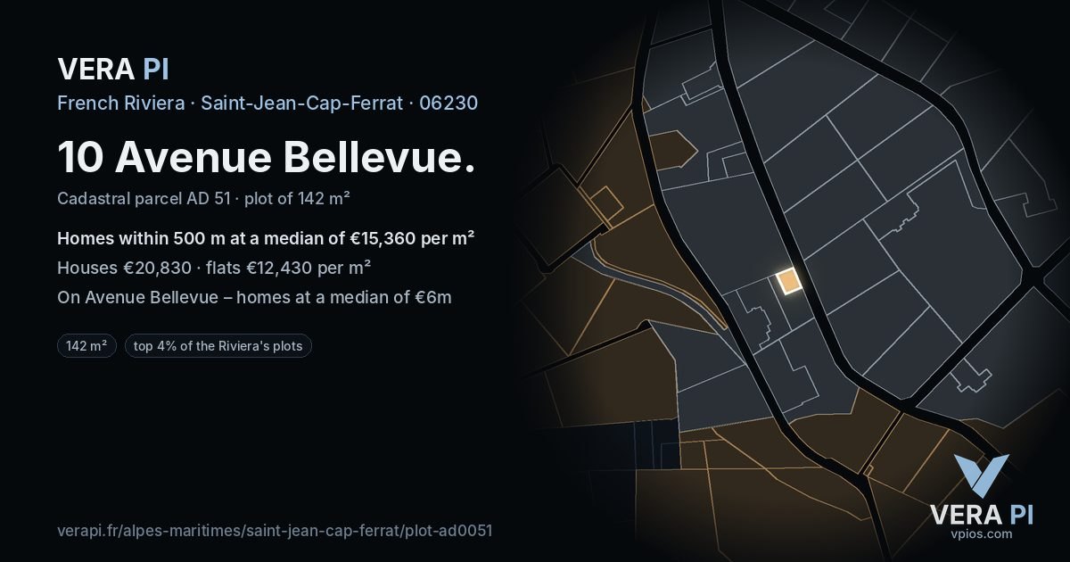 10 Avenue Bellevue, Saint-Jean-Cap-Ferrat at night – the plot lit, the parcels around coloured by the prices near them