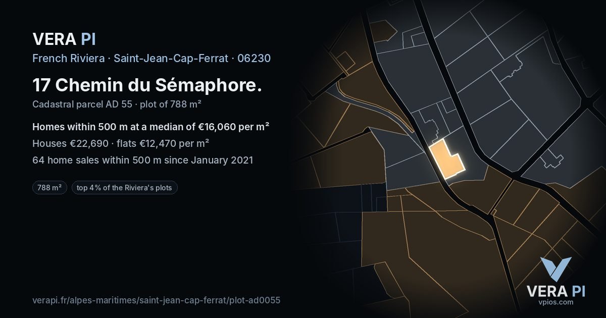 17 Chemin du Sémaphore, Saint-Jean-Cap-Ferrat at night – the plot lit, the parcels around coloured by the prices near them