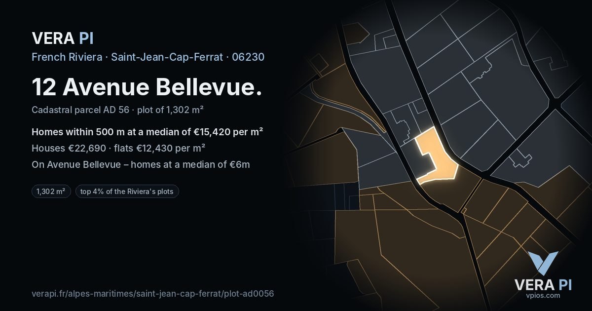 12 Avenue Bellevue, Saint-Jean-Cap-Ferrat at night – the plot lit, the parcels around coloured by the prices near them