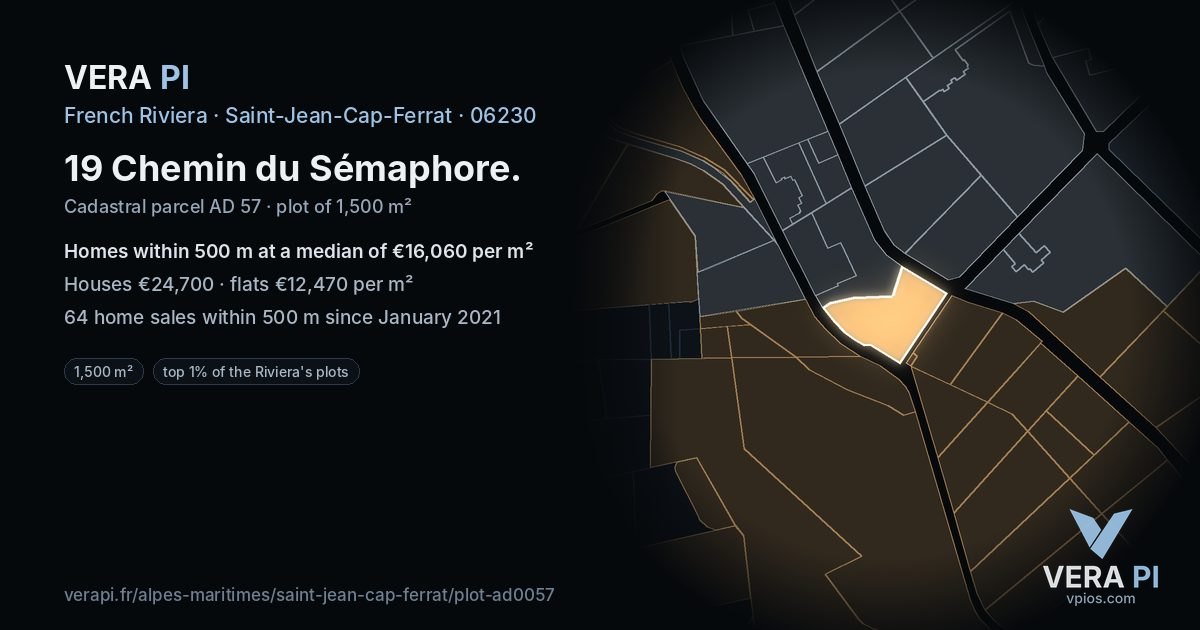 19 Chemin du Sémaphore, Saint-Jean-Cap-Ferrat at night – the plot lit, the parcels around coloured by the prices near them