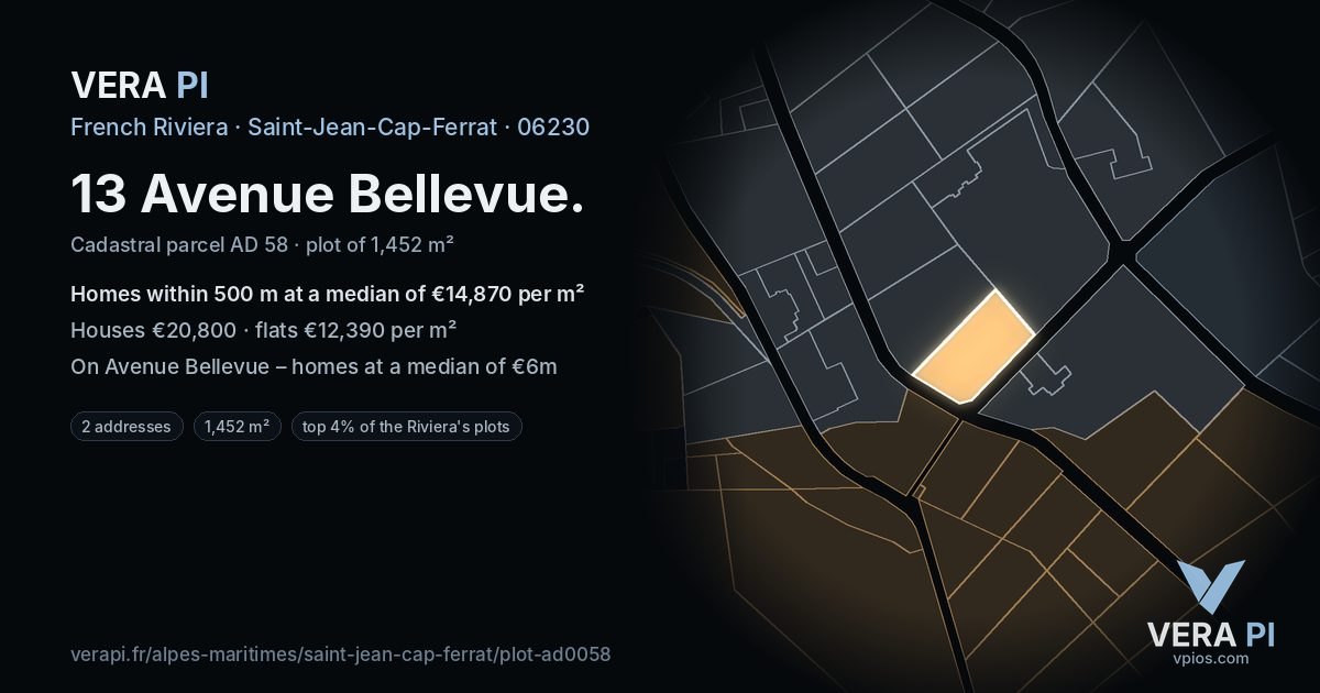 13 Avenue Bellevue, Saint-Jean-Cap-Ferrat at night – the plot lit, the parcels around coloured by the prices near them