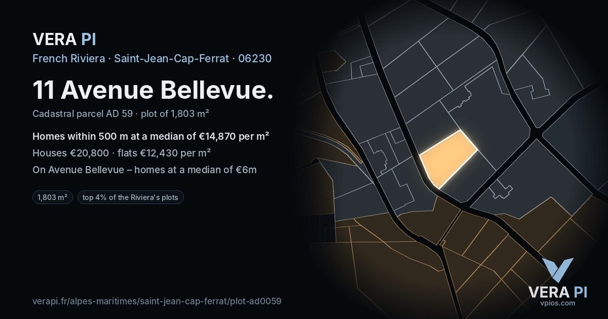 11 Avenue Bellevue, Saint-Jean-Cap-Ferrat at night – the plot lit, the parcels around coloured by the prices near them