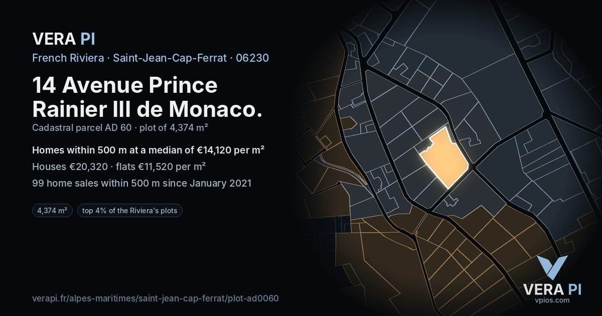 14 Avenue Prince Rainier III de Monaco, Saint-Jean-Cap-Ferrat at night – the plot lit, the parcels around coloured by the prices near them