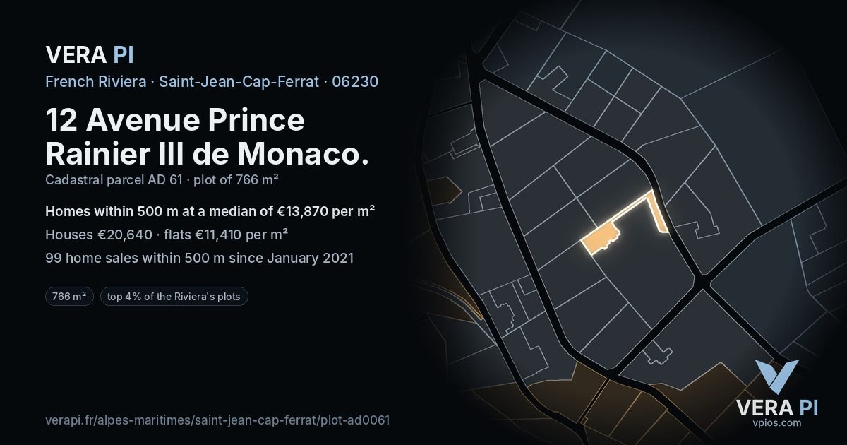 12 Avenue Prince Rainier III de Monaco, Saint-Jean-Cap-Ferrat at night – the plot lit, the parcels around coloured by the prices near them