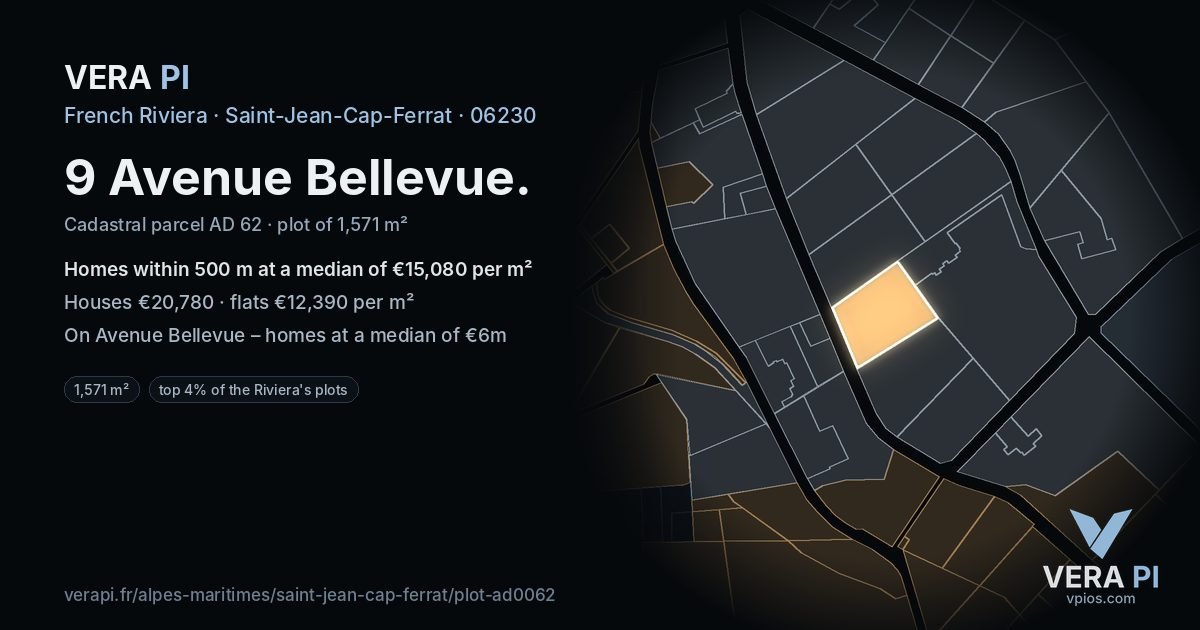 9 Avenue Bellevue, Saint-Jean-Cap-Ferrat at night – the plot lit, the parcels around coloured by the prices near them