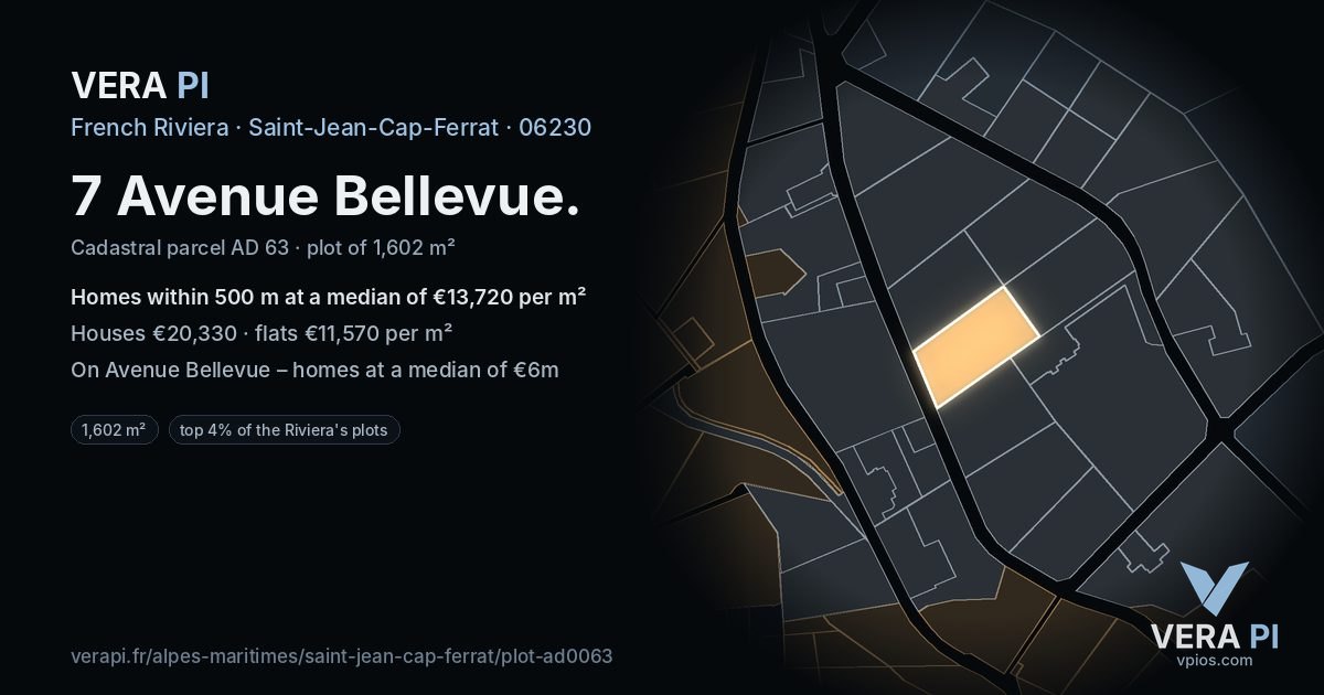 7 Avenue Bellevue, Saint-Jean-Cap-Ferrat at night – the plot lit, the parcels around coloured by the prices near them