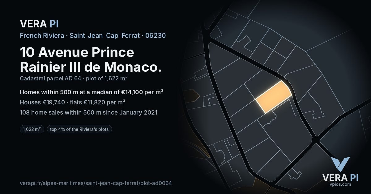 10 Avenue Prince Rainier III de Monaco, Saint-Jean-Cap-Ferrat at night – the plot lit, the parcels around coloured by the prices near them