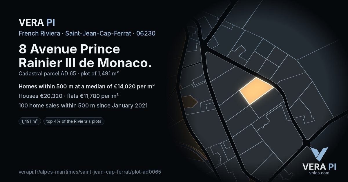 8 Avenue Prince Rainier III de Monaco, Saint-Jean-Cap-Ferrat at night – the plot lit, the parcels around coloured by the prices near them