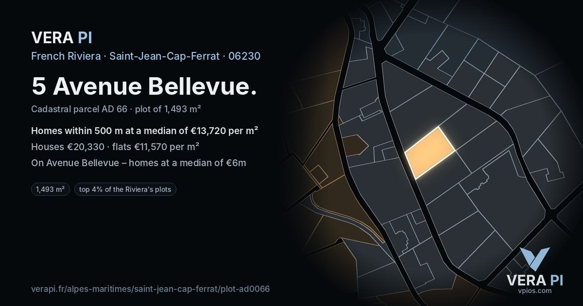 5 Avenue Bellevue, Saint-Jean-Cap-Ferrat at night – the plot lit, the parcels around coloured by the prices near them