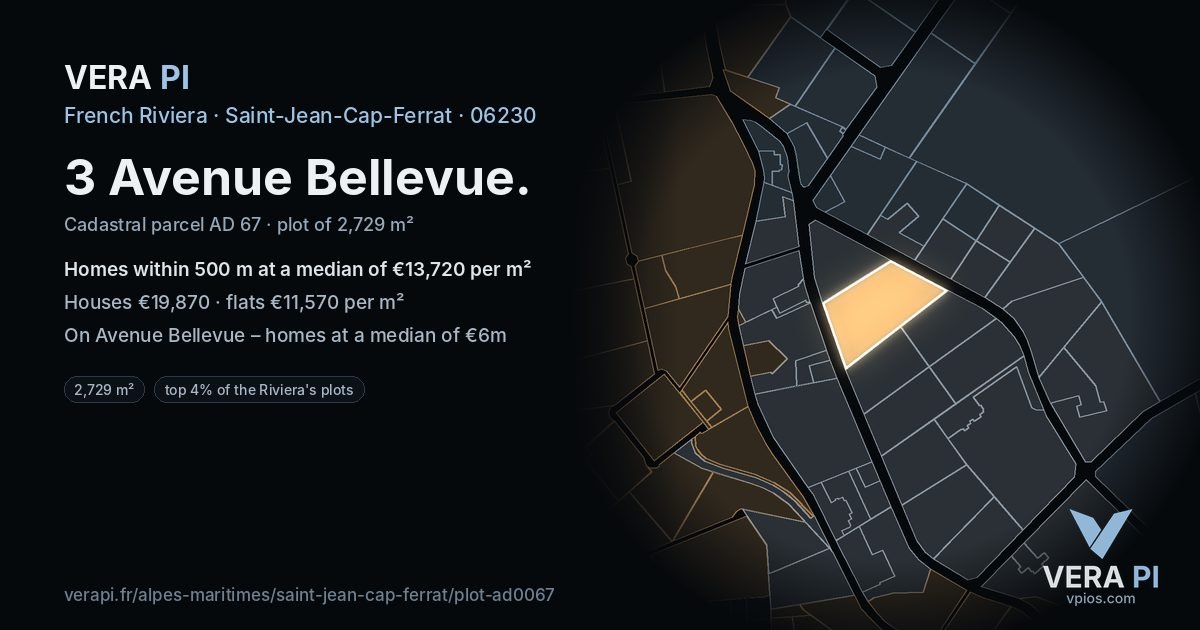 3 Avenue Bellevue, Saint-Jean-Cap-Ferrat at night – the plot lit, the parcels around coloured by the prices near them