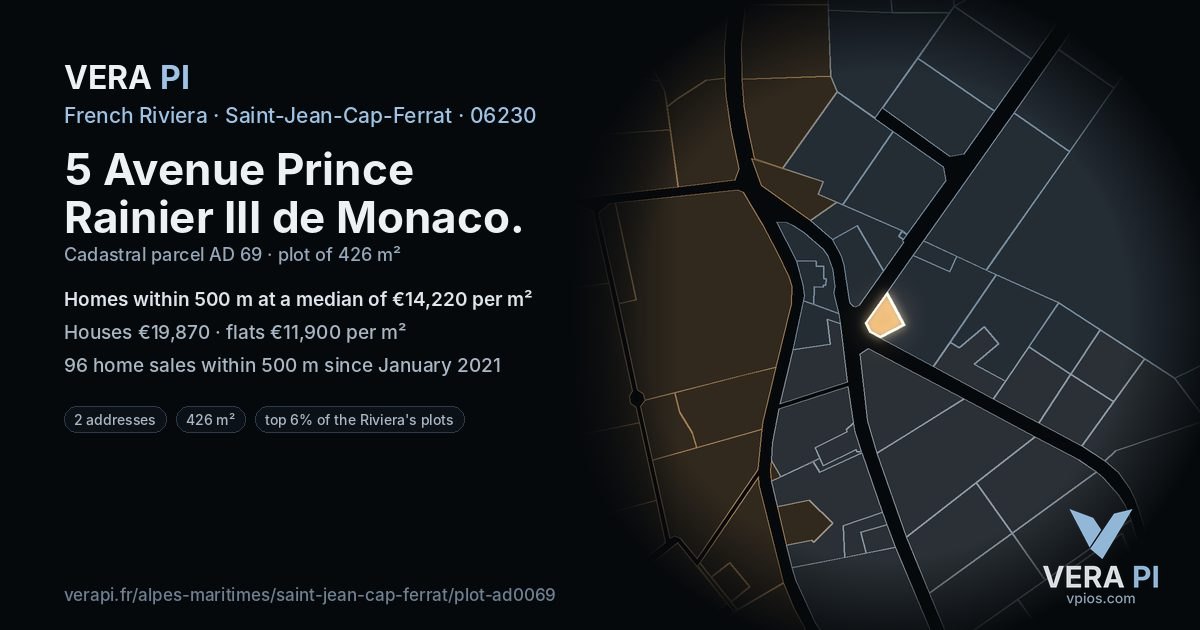 5 Avenue Prince Rainier III de Monaco, Saint-Jean-Cap-Ferrat at night – the plot lit, the parcels around coloured by the prices near them