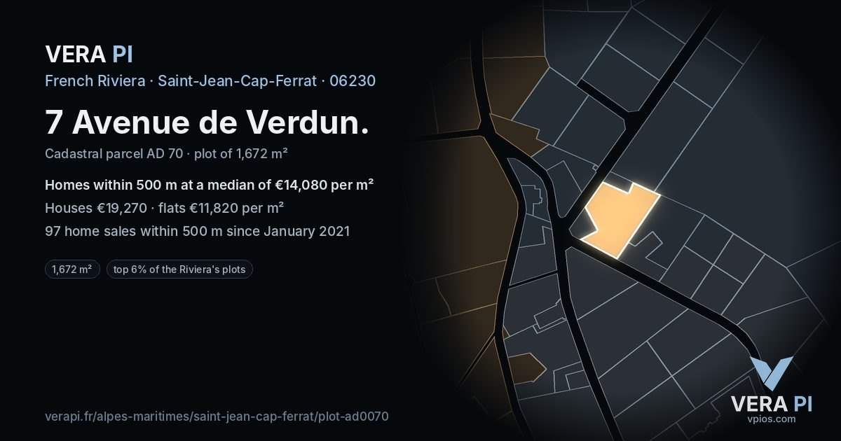 7 Avenue de Verdun, Saint-Jean-Cap-Ferrat at night – the plot lit, the parcels around coloured by the prices near them