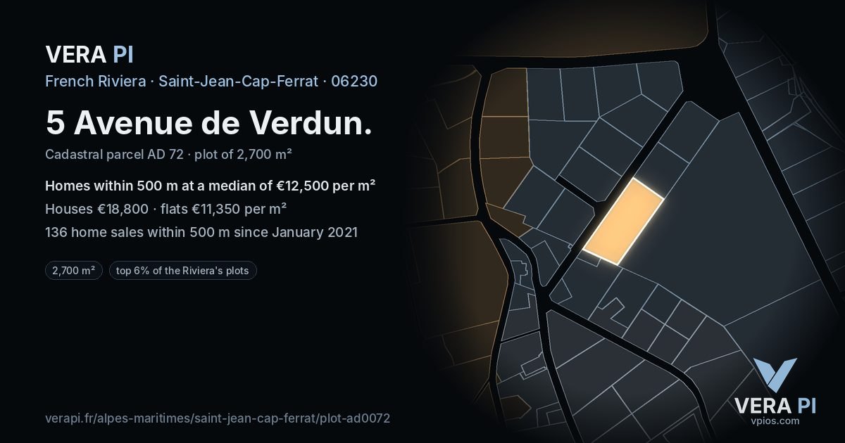 5 Avenue de Verdun, Saint-Jean-Cap-Ferrat at night – the plot lit, the parcels around coloured by the prices near them