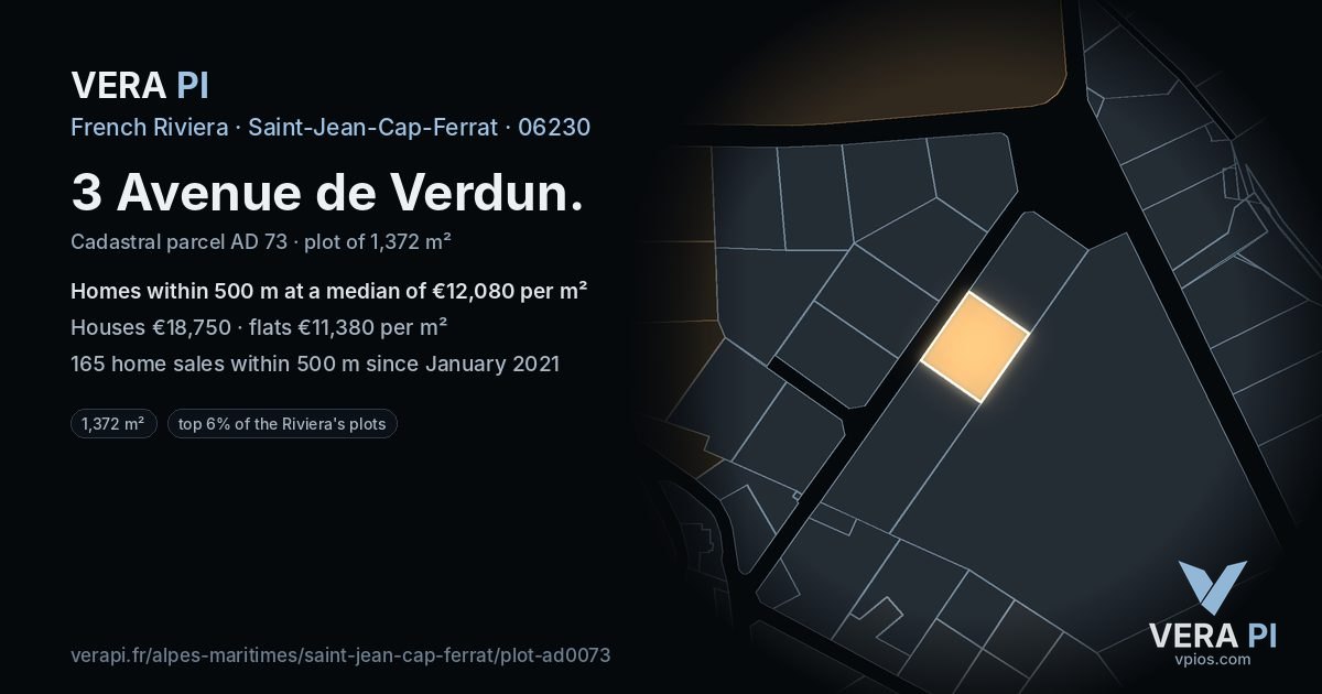3 Avenue de Verdun, Saint-Jean-Cap-Ferrat at night – the plot lit, the parcels around coloured by the prices near them