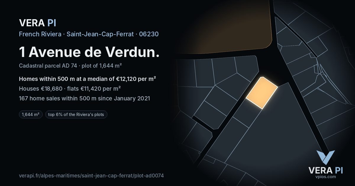 1 Avenue de Verdun, Saint-Jean-Cap-Ferrat at night – the plot lit, the parcels around coloured by the prices near them
