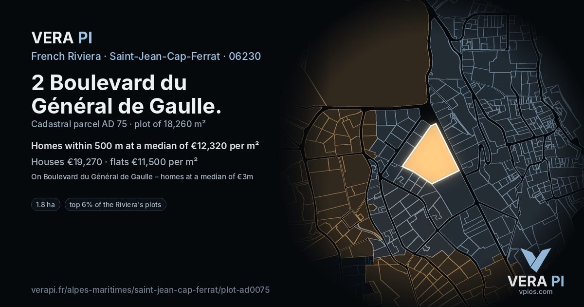2 Boulevard du Général de Gaulle, Saint-Jean-Cap-Ferrat at night – the plot lit, the parcels around coloured by the prices near them