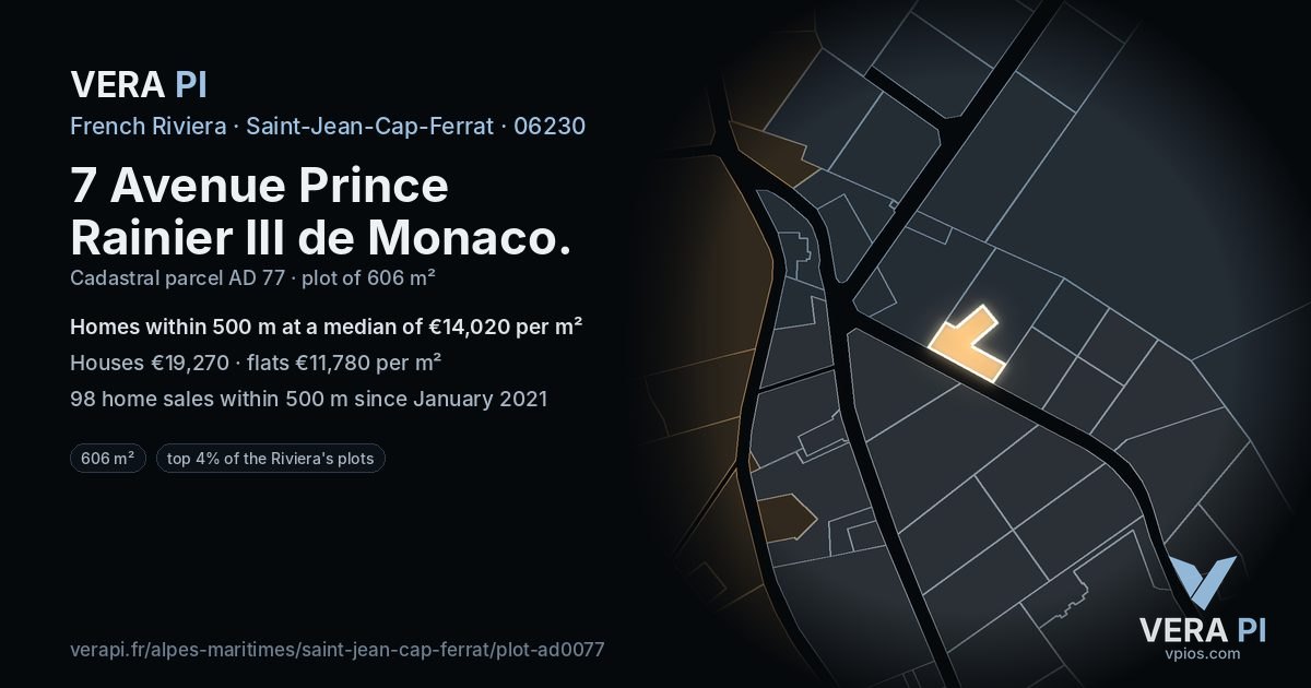 7 Avenue Prince Rainier III de Monaco, Saint-Jean-Cap-Ferrat at night – the plot lit, the parcels around coloured by the prices near them