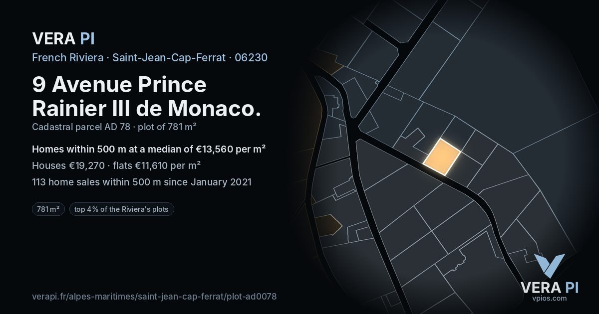 9 Avenue Prince Rainier III de Monaco, Saint-Jean-Cap-Ferrat at night – the plot lit, the parcels around coloured by the prices near them
