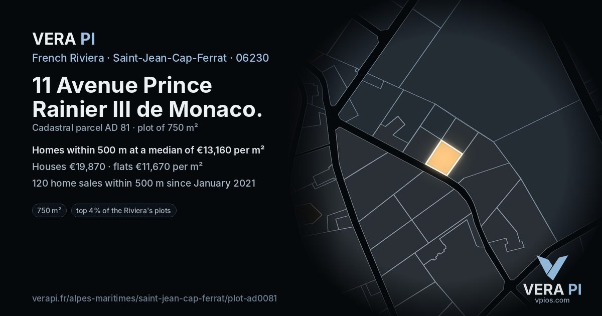 11 Avenue Prince Rainier III de Monaco, Saint-Jean-Cap-Ferrat at night – the plot lit, the parcels around coloured by the prices near them