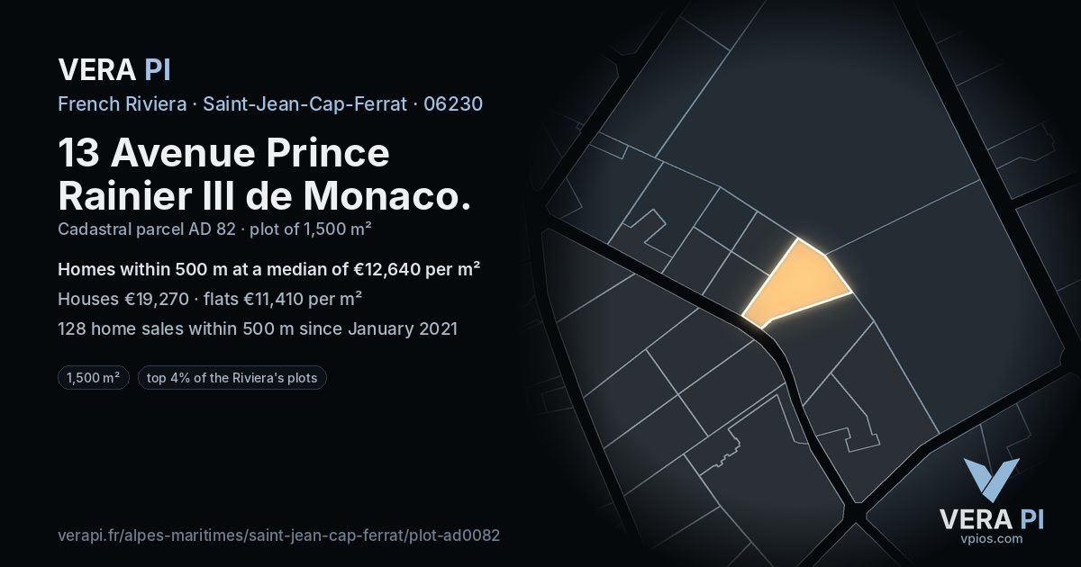 13 Avenue Prince Rainier III de Monaco, Saint-Jean-Cap-Ferrat at night – the plot lit, the parcels around coloured by the prices near them