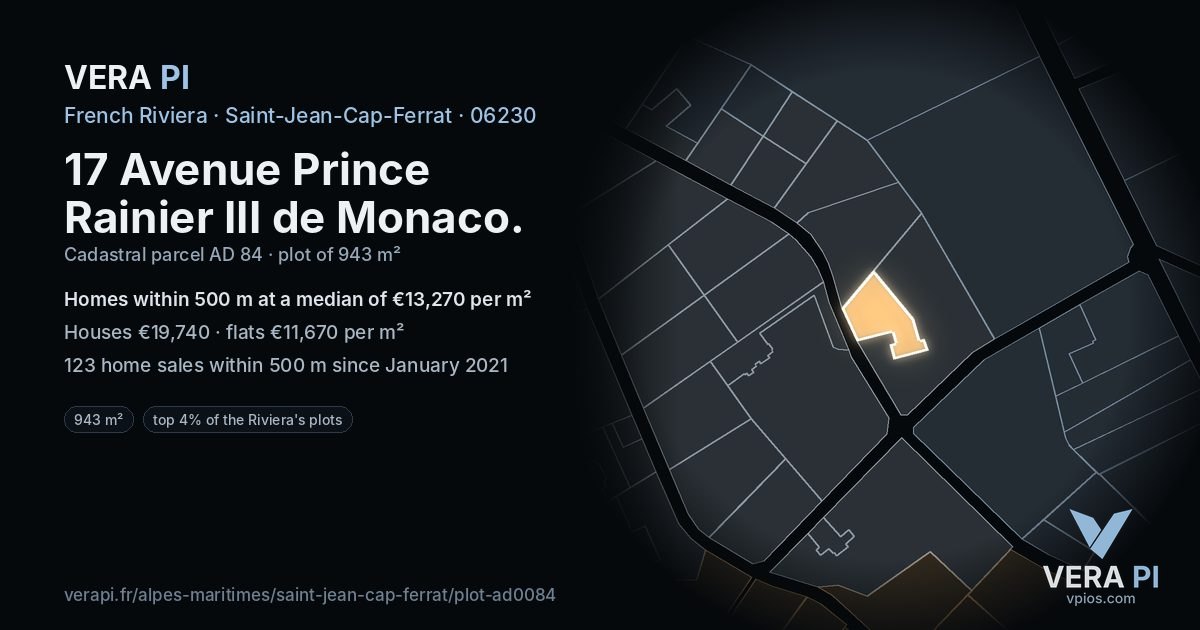 17 Avenue Prince Rainier III de Monaco, Saint-Jean-Cap-Ferrat at night – the plot lit, the parcels around coloured by the prices near them