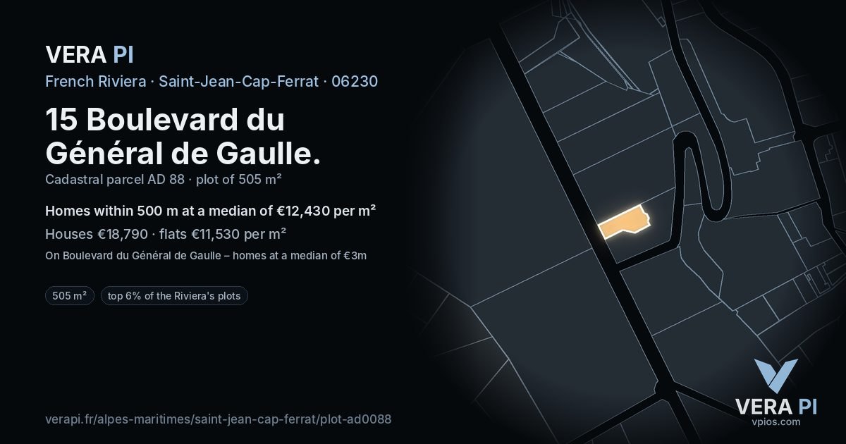 15 Boulevard du Général de Gaulle, Saint-Jean-Cap-Ferrat at night – the plot lit, the parcels around coloured by the prices near them